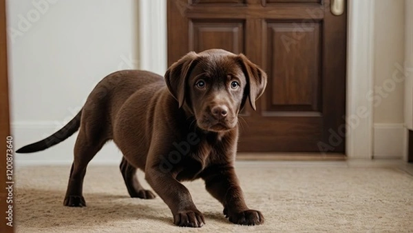 Fototapeta Chocolate labrador retriever dog in the living room