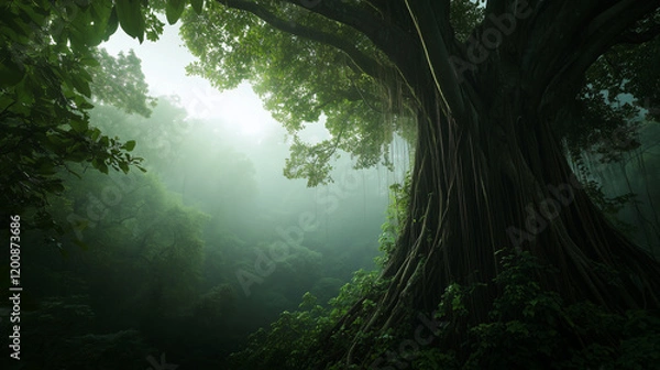Obraz majestic tree stands tall in lush, misty forest, surrounded by dense greenery and bathed in soft, ethereal light, creating serene and mystical atmosphere