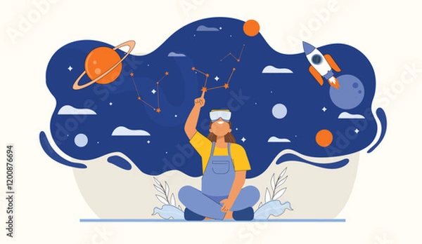 Fototapeta Metaverse Virtual Reality Exploration with Space Theme Illustration Shows a VR environment with space exploration themes, like planets, stars, and galaxies.