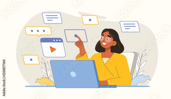 Obraz Online Education with Interactive Learning Interface Illustration Depicts an interactive learning platform where a student participates in online lessons.