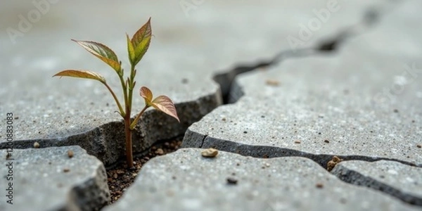 Fototapeta A resilient sprout bravely emerges from a fractured pavement, symbolizing nature's tenacity and the persistent power of life to overcome adversity and find a way to thrive in challenging conditions.
