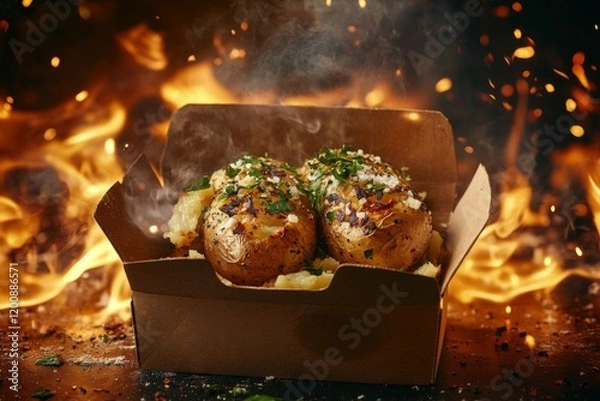Fototapeta photo of open takeaway food box containing baked potato with herbs, placed on top of fire surface 