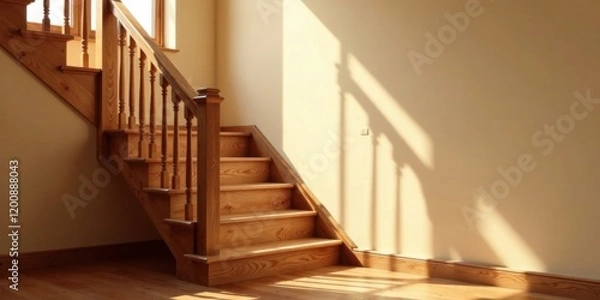 Fototapeta Sunlight Illuminates a Warm Wooden Staircase Ascending to an Unknown Upper Level, Casting Long Shadows on the Adjacent Wall and Hardwood Floor