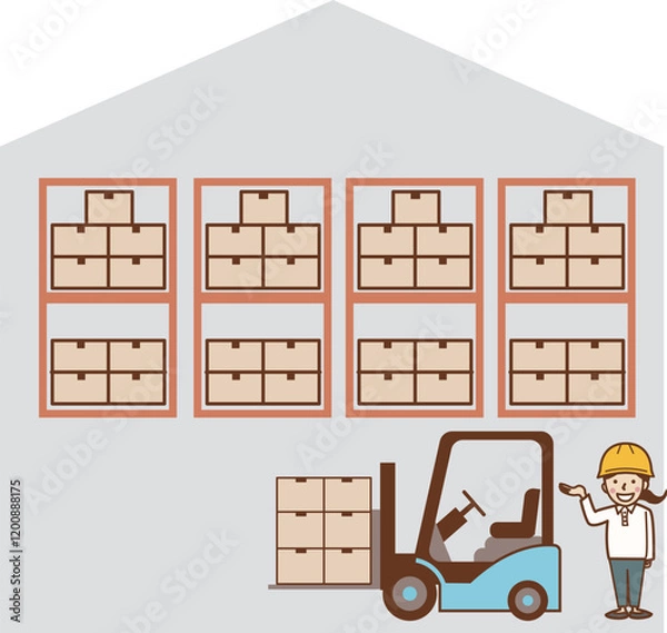 Obraz 倉庫とフォークリフトと女性作業員。