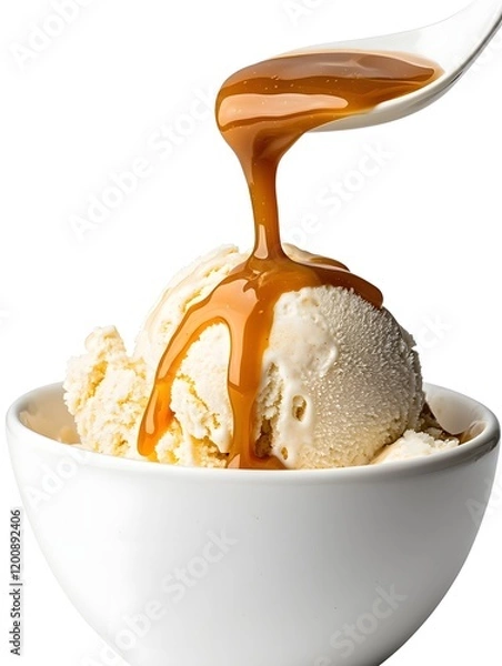 Fototapeta Creamy Vanilla Ice Cream with Caramel Drizzle in Motion Against White Background