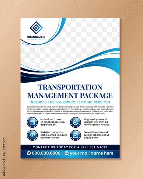 Obraz transportation management package Flyer Design Template. cleaning and periodic services banner in vertical layout. Vector blue gradient in A4 flyer size. space for photo and infographic