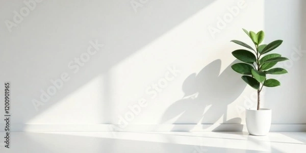 Fototapeta Serene Minimalist Interior Design Featuring a Lush Green Plant in a Simple White Pot Against a Bright White Wall with Soft Sunlight Streaming Through a Window