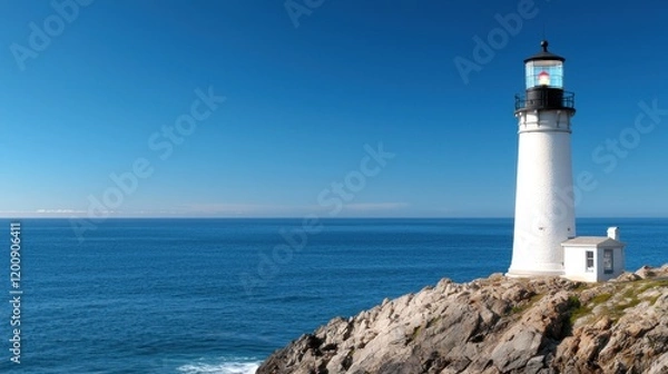 Obraz A lighthouse stands on rocky shores, guiding ships at sea.