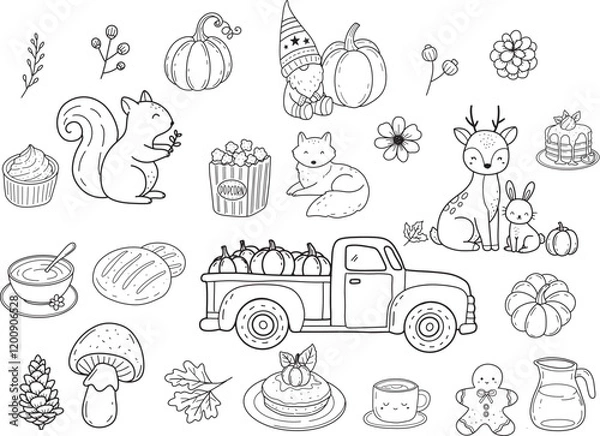 Obraz Autumn line art fall with gnome wildanimal pumpkin doodle outline elements, hand drawn leaf flower isolated.vector illustration