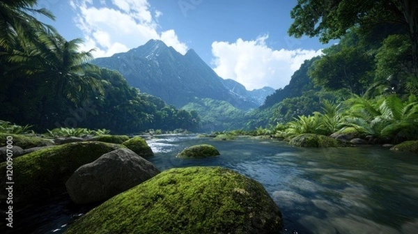 Obraz Serene river landscape surrounded by lush mountains and greenery.