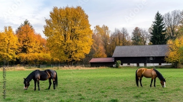 Obraz Autumnal Horses in a Field