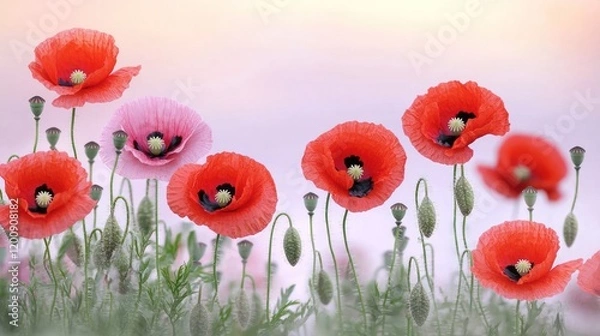 Fototapeta A vibrant field of red and pink poppies in soft lighting.