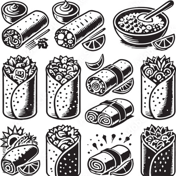 Fototapeta Black Color Burrito Silhouette Vector Illustration, Solid White Background