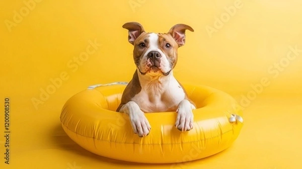 Fototapeta a dog sitting in an inflatable swimming pool ring on a yellow background - vacation banner