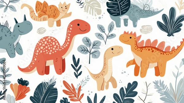 Fototapeta Paper cut prehistoric dinosaurs landscape banner with Jurassic lizard characters, vector background. Funny dinosaurs in jungle forest for kids dino world atlas book cover or prehistoric encyclopedia