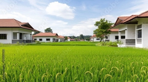 Obraz Houses amidst Lush Rice Paddy Fields