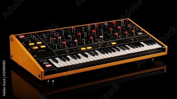Fototapeta A colorful synthesizer with keys and various control knobs.