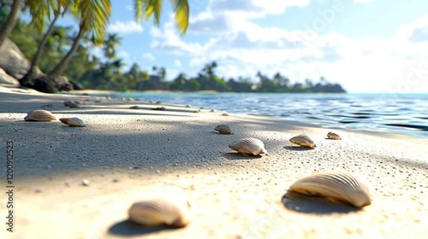 Fototapeta Serene beach scene with shells and palm trees under a sunny sky.