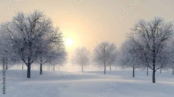 Obraz Serene winter landscape with snow-covered trees at sunrise.