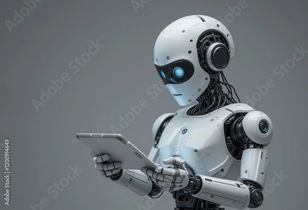 Fototapeta human robot using tab isolated PNG, Transparent background 