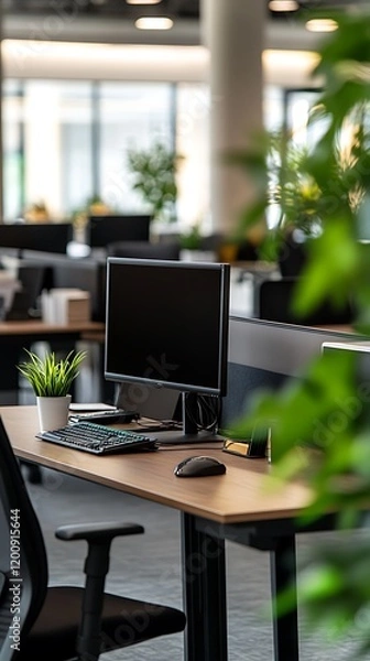 Fototapeta sleek modern office workspace desks and computers