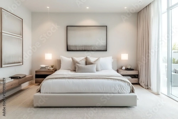 Fototapeta A minimalist bedroom with a focus on clean lines, neutral colors, and functional furniture.