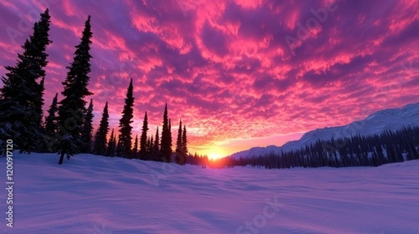 Obraz Vibrant sunset over a snowy landscape with tall evergreen trees.
