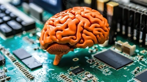 Fototapeta Brain model on a circuit board, symbolizing technology and cognition.