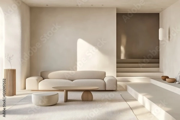 Fototapeta A minimalist living room with a focus on clean lines, neutral colors, and functional furniture. 