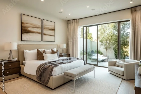 Fototapeta A modern bedroom with sleek furniture, neutral colors, and minimalist decor. Use clean lines, large windows, and integrated storage solutions. 