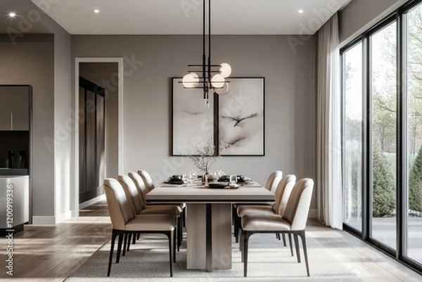 Fototapeta A modern dining room with sleek furniture, neutral colors, and minimalist decor. Focus on clean lines, large windows for natural light,