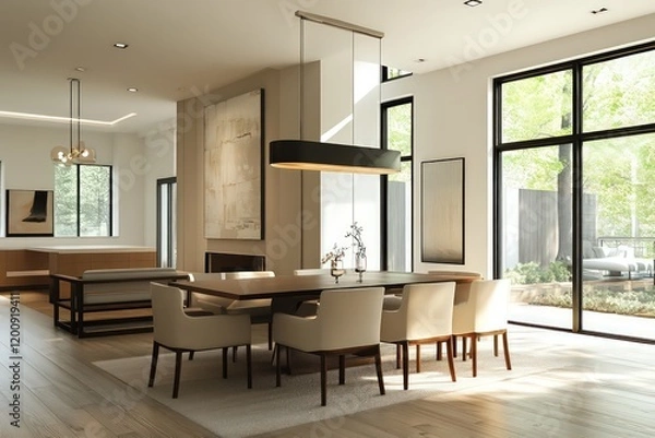 Fototapeta A modern dining room with sleek furniture, neutral colors, and minimalist decor. Focus on clean lines, large windows for natural light