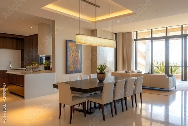 Fototapeta A modern dining room with sleek furniture, neutral colors, and minimalist decor. Focus on clean lines, large windows for natural light