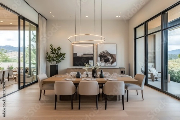Fototapeta A modern dining room with sleek furniture, neutral colors, and minimalist decor. Focus on clean lines, large windows for natural light