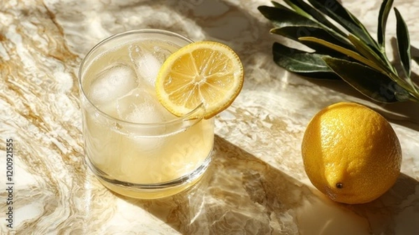 Fototapeta A fresh drink sits on a marble surface, glistening with ice and garnished with a slice of lemon. Nearby, a whole lemon adds a vibrant touch, inviting a taste of summer
