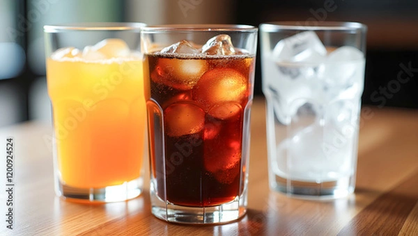 Fototapeta Three glasses, one with orange juice, one with a dark soda and ice, and one with water and ice, are displayed on a wooden table.