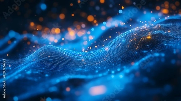 Fototapeta Abstract portrayal of bright blue music notes flowing along a vibrant digital sound wave symbolizing music