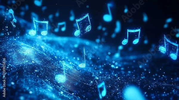 Fototapeta Abstract artistic design of bright blue music notes floating on a pulsating digital sound wave illustrating music composition