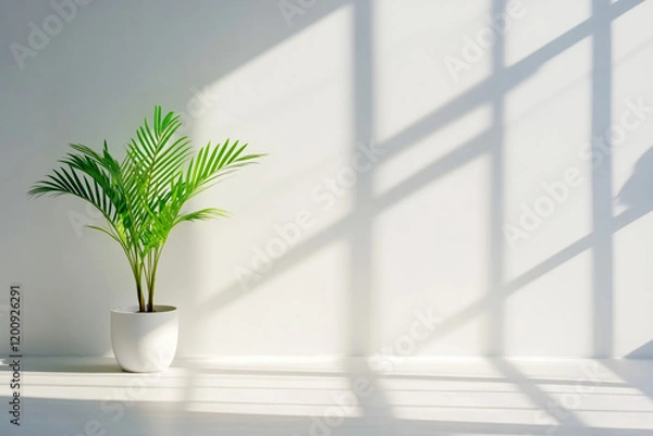 Obraz A lush green potted plant in a white container with sunlight streaming through a window, casting geometric shadows.