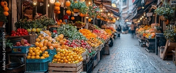 Obraz Vibrant outdoor market with colorful fruits and vegetables displayed on wooden crates and stalls, along a cobblestone street.