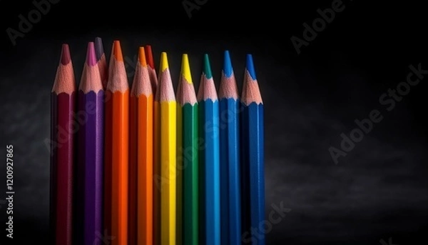 Fototapeta Close up of rainbow coloured pencils with copy space on black background, Art