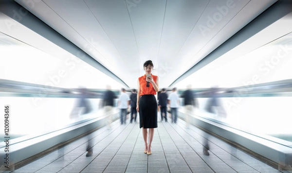 Obraz Woman using phone and walking on footbridge
