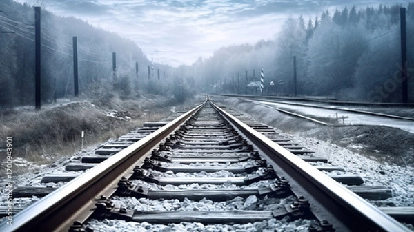 Fototapeta Frozen Railway Tracks Through the Misty Forest