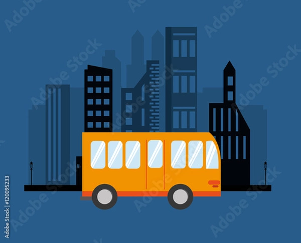 Fototapeta city bus with buildings background icon vector illustration 