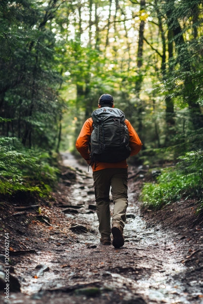 Fototapeta A man hiking through a lush, green forest, wearing a backpack and an orange jacket, surrounded by towering trees and a serene natural environment.