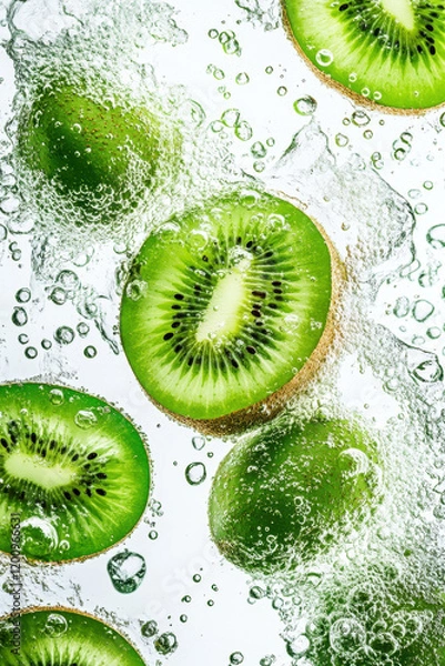 Fototapeta Fresh kiwi slices submerged in sparkling water, showcasing vibrant green color and refreshing bubbles.
