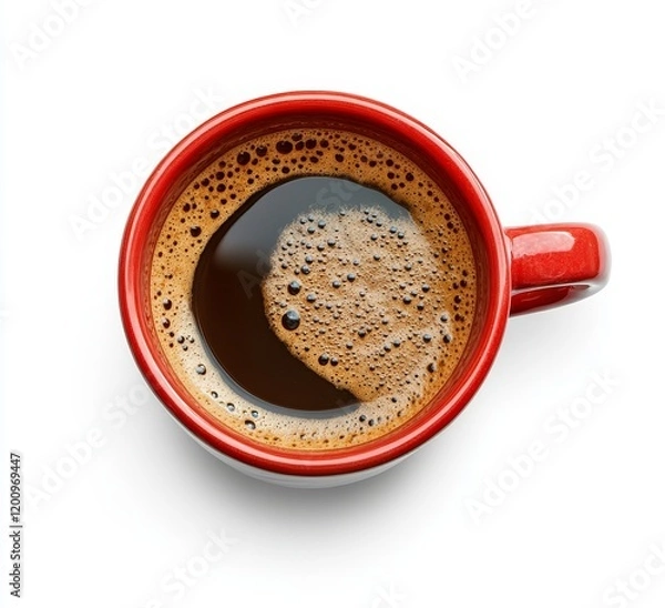 Fototapeta Top view of a red mug filled with dark coffee.