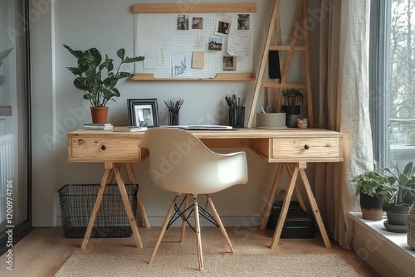 Fototapeta Scandinavian-style desk with light wood, storage drawers, open cabinet, easel, and artwork, featuring office supplies and natural textures.