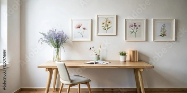 Fototapeta Serene Minimalist Home Office Workspace with Botanical Art