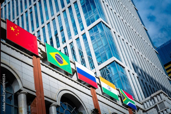 Obraz BRICS flags on the office building wall